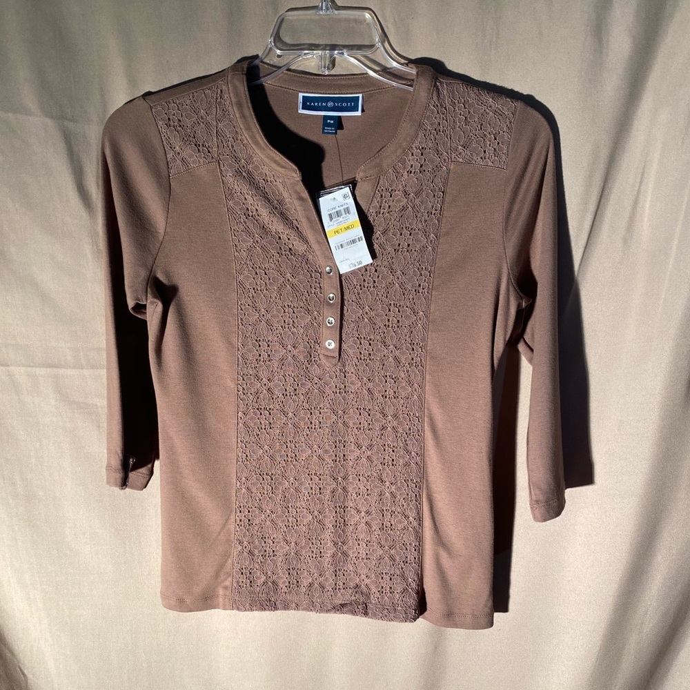 Karen Scott Chestnut Eyelet-Front Cotton Henley Petite Medium Top